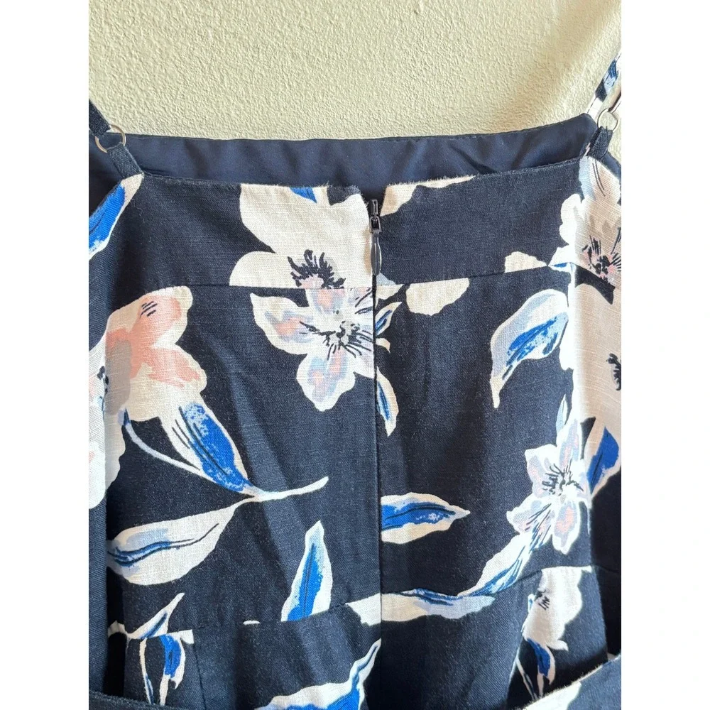 Banana Republic Floral Linen Jumpsuit Navy Blue Size 2 Petite Wide Leg Tie-Waist